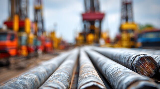 Medium shot capturing a horizontal well corridor inside a drilling site focusing on the drill pipes forward section with the distant machinery intentionally out of focus