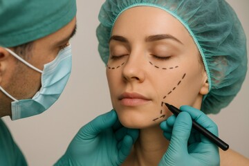 Surgeon wearing surgical mask and gloves drawing marks on woman's face for cosmetic surgery procedure