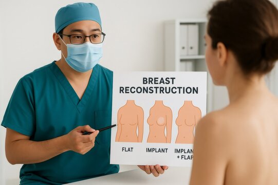Surgeon wearing a face mask discussing breast reconstruction options with a patient in a medical office setting, highlighting various choices
