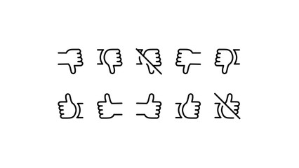 Set of thumbs up and thumbs down icons in a doodle hand drawing style. Like and dislike, approve and disapprove symbols. Sketch collection of feedback gestures with a transparent background.