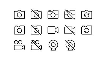Set of camera, video camera, and webcam icons in a doodle hand drawing style. Includes active,...