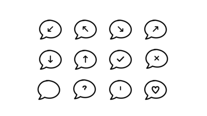 Set of hand-drawn doodle style icons inside speech bubbles. Includes arrows, checkmark, cross, question mark, exclamation point, and heart. Sketch illustration on a transparent background.