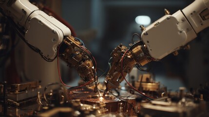 Close interaction of robotic arms programmed to handle delicate superconductor materials during the extrusion capturing their precise movements and advanced technology.