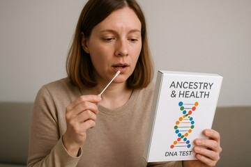Woman collecting a saliva sample with a cotton swab for ancestry and health DNA testing, engaging in personal genetic exploration