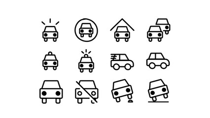 Set of car icons in doodle hand drawing style. Includes police car, taxi, garage, traffic sign, and prohibition symbols. Simple line art sketch elements with transparent background for design.