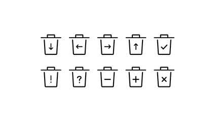 Set of trash can icons with different symbols like arrows, plus, minus, checkmark, and cross. Doodle hand drawing style illustration. Interface elements with transparent background.
