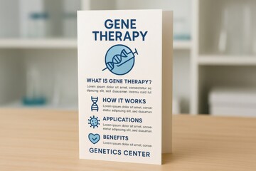 Brochure explaining gene therapy, its mechanism, applications, and benefits, displayed in a medical setting
