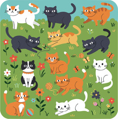 Cute cats playing in garden with flowers and yarn balls vector illustration of diverse kittens on green grass