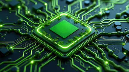 Fototapeta premium Futuristic green microchip with glowing circuits and electronic components on dark circuit board, emitting vibrant neon light