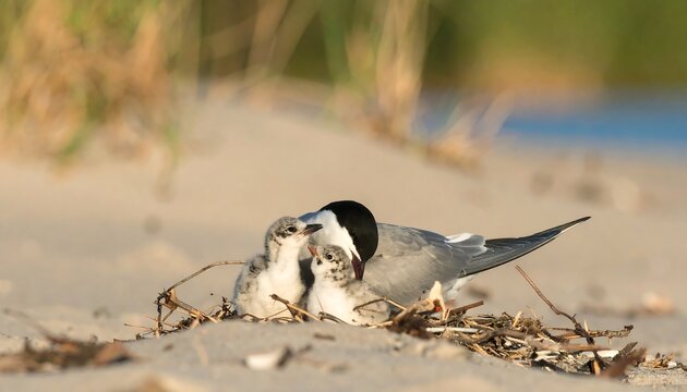 Birds nesting on sandy shore