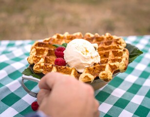 Hand reaching for a waffle topped with ice cream and raspberries