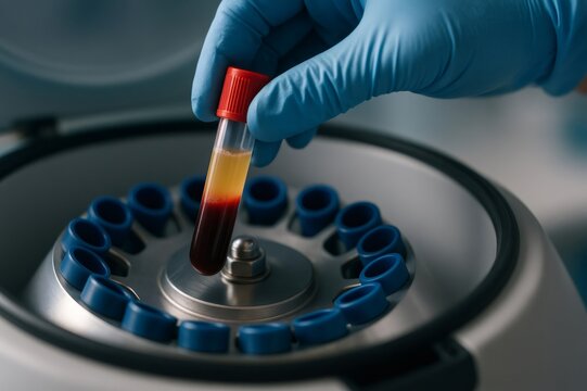 Gloved hand carefully placing a blood sample tube into a centrifuge, initiating the process for plasma separation and analysis in a lab setting