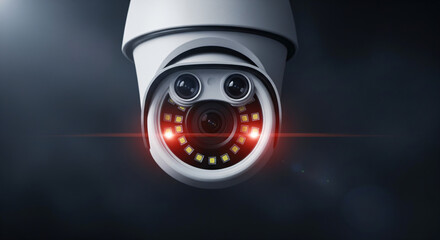 Surveillance camera with a sleek, modern design, including an infrared or night vision capability indicated by the red lights encircling the main lens.