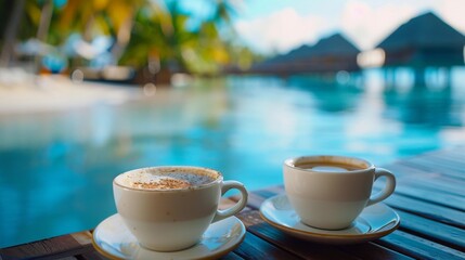 Coffee cups by tropical beachside resort for relaxing vacation breakfasts