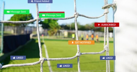 Cursor hovering subscribe prompt on soccer goal net initiating social media alerts over mesh grid