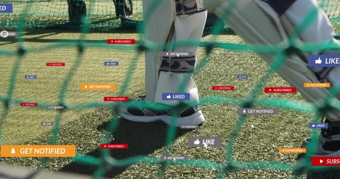Cricketer's legs stepping through net floating engagement icons moving for showing engagement