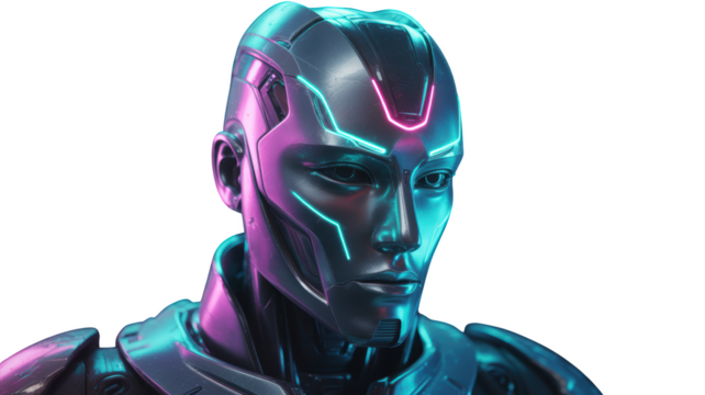 Detailed view of a futuristic android head with subtle neon lighting, isolated on transparent background