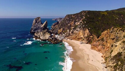 Coastal scenery with rocky formations and beach