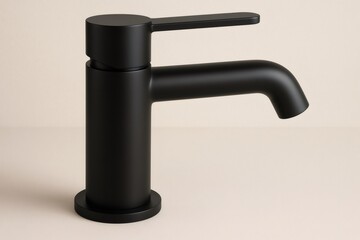 Sleek, minimalist black faucet, showcasing modern design and elegant simplicity against a neutral beige backdrop