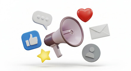 Various 3D icons floating representing social media communication, focusing on interaction and networking tools.