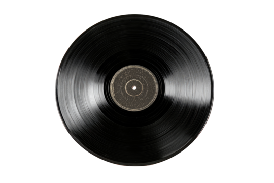 A black vinyl record,  central focus,  rotating slightly, showing grooves