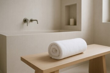 Obraz premium Soft white towel placed on a wooden bench in a minimalist bathroom, creating a serene atmosphere perfect for spa treatments and relaxation