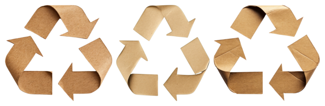 PNG Three cardboard recycling symbols on a transparent background element set on transparent background.