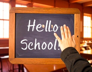 Hand touching a chalkboard saying "Hello School