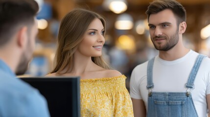 Employee Assists Customers at Terminal in a Retail Store During Busy Shopping Day