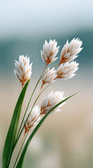 Tranquil nature scene with soft wind lifting grass blades and petals