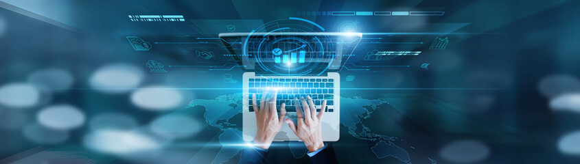 Transparent governance, ethical compliance. Businessman using laptop with performance metrics,...