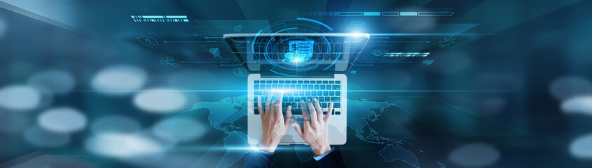 Regulatory compliance, financial assessment. Businessman using laptop with risk evaluation,...