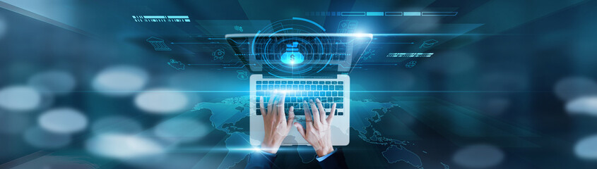 Financial planning, cost management. Businessman using laptop with expense tracking, forecasting...