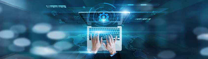 Corporate operations, process control. Businessman using laptop with workflow automation, team coordination, policy compliance, performance tracking, strategic execution.