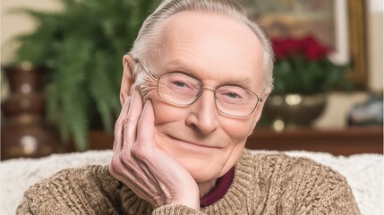Elderly Man With Glasses Thoughtfully Resting His Face on His Hand in a Cozy Indoor Setting
