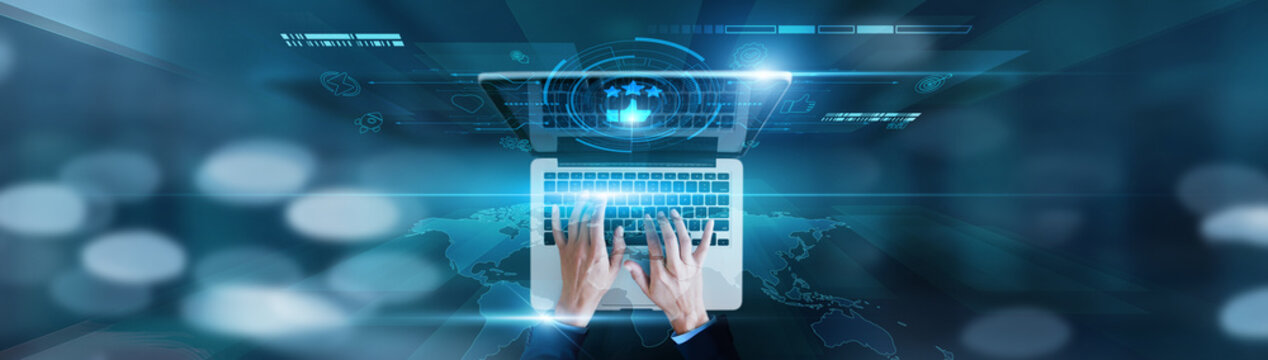 User experience, quality assurance Businessman using laptop with feedback icon, survey analysis, service improvement, loyalty tracking, trend monitoring, retention strategies.