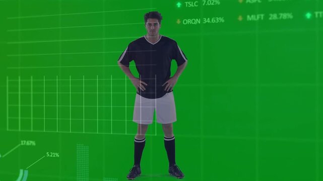 male athlete stepping into frame on green chroma, driving charts animating and updating sports data