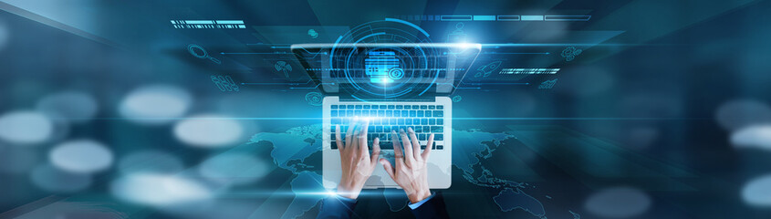 Cashless transactions, fintech solutions Businessman using laptop with payment icon, mobile...