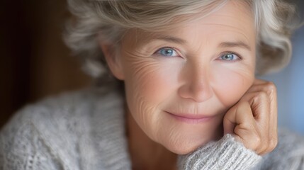 Elderly Woman With Gentle Smile Holding Her Face While Sitting Indoors in Natural Light