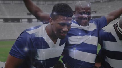 Locking shoulders rugby players advancing forming scrum for ball possession with data overlay - Powered by Adobe