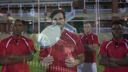Camera advancing athlete catching and rotating rugby ball syncing overlays for sports analytics