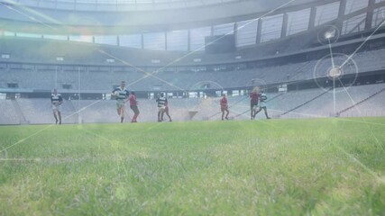 Whistle blowing striped-jersey player racing on pitch, analytics overlays mapping and scoring dive