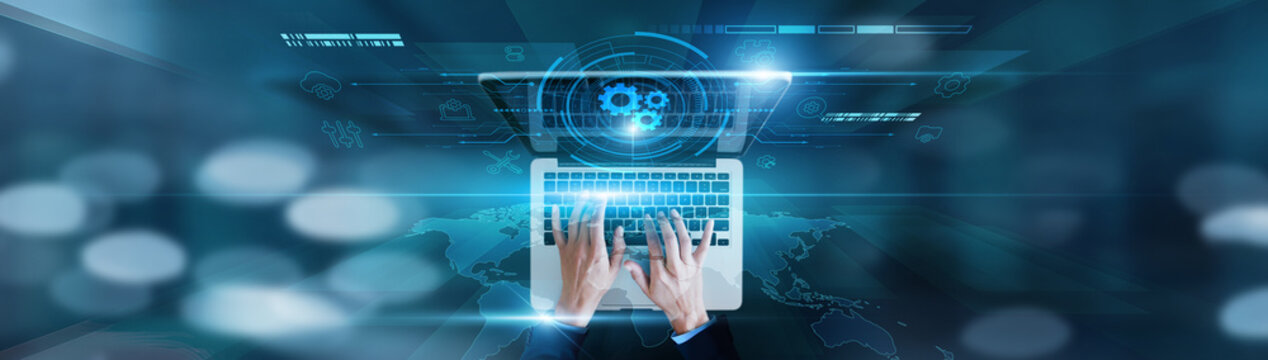 System configuration, workflow adjustments Businessman using laptop with parameter tuning, policy updates, performance optimization, security settings, and automation scripts.