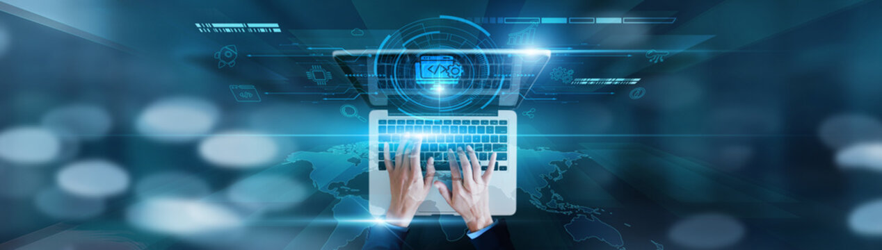 Application coding, system design Businessman using laptop with version control, bug tracking, UI/UX improvements, feature integration, and scalability planning.