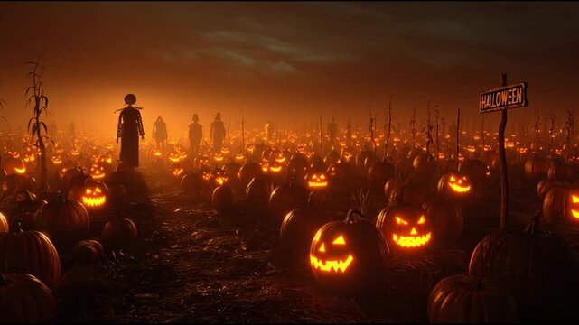 A mystical pumpkin patch bathed in moonlight, where hand-carved gourds shimmer with inner fire. 