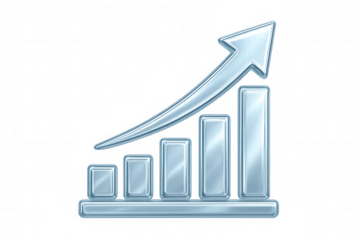 Transparent glass bar graph rising with ascending arrow, visualizing financial growth and business performance metrics