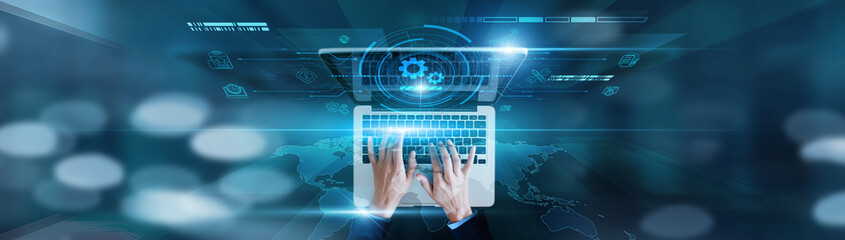 Project milestones, resource allocation Businessman using laptop with work in progress icon, task management, team collaboration, progress reporting, risk analysis, workflow tracking.