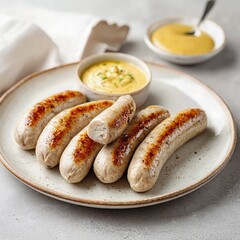 Wei&szlig;w&uuml;rste mit s&uuml;&szlig;em Senf auf rustikalem Teller