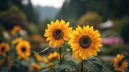 Fototapeta premium Sundrenched summer sunflowers stand tall and crisp against a hazy backdrop of lush garden foliage highlighting seasonal warmth and outdoor floral beauty.