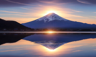 Mount Fuji reflects in calm lake water during sunrise with vibrant colors in the sky, creating a serene and majestic landscape.
